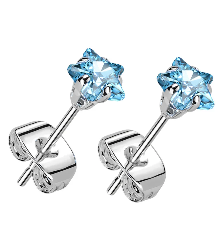 bold statement earrings for women -Prong Star Aqua CZ Stainless Steel Stud Earrings