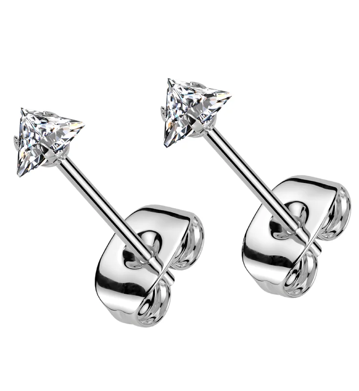 nature-inspired earrings for women -Prong Triangle Clear CZ Stainless Steel Stud Earrings