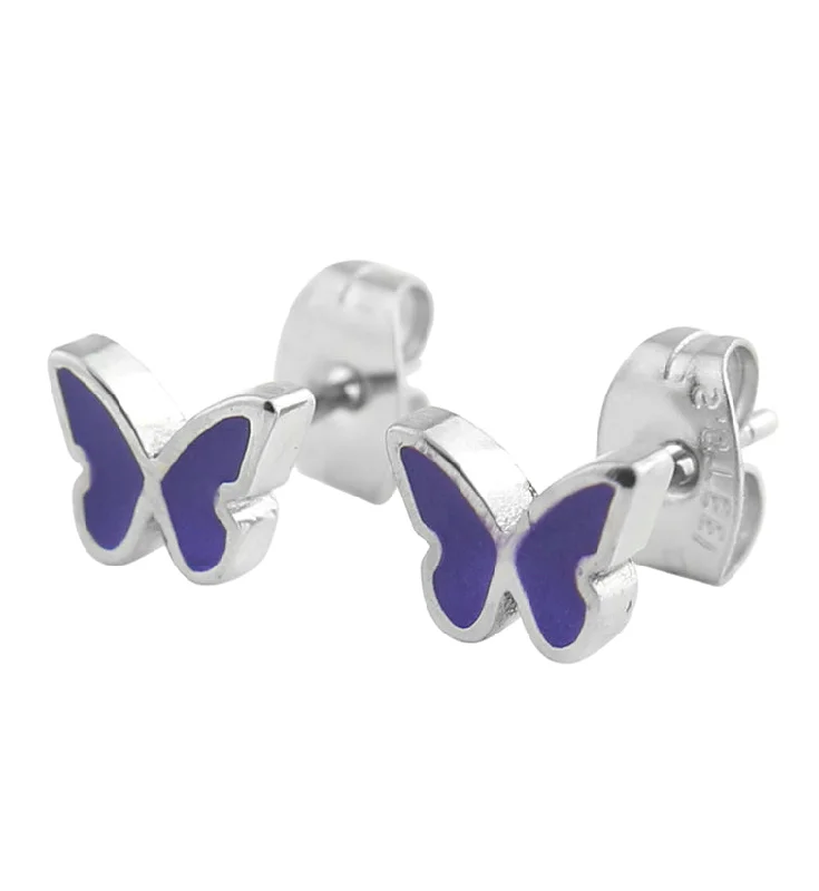 silver threader earrings for women -Purple Butterfly Stainless Steel Stud Earrings