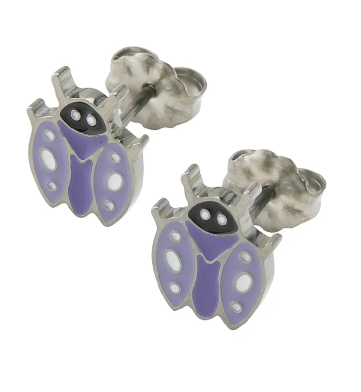 crescent moon earrings for women -Purple Ladybug Titanium Stud Earrings