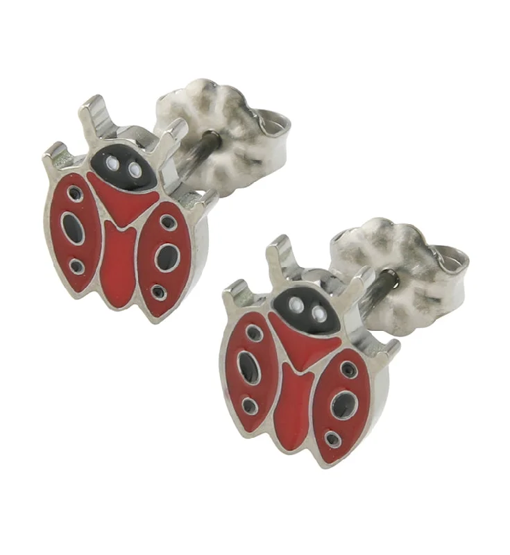 gold knot earrings for women -Red Ladybug Titanium Stud Earrings