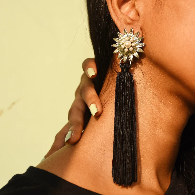 cluster stud earrings for women -Midnight Sunflower Thread Earrings