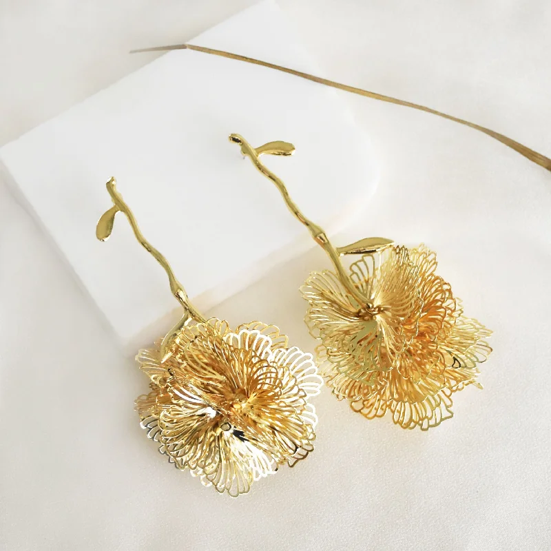 angel wing earrings for women -Textured Flower Drop Statement Earring