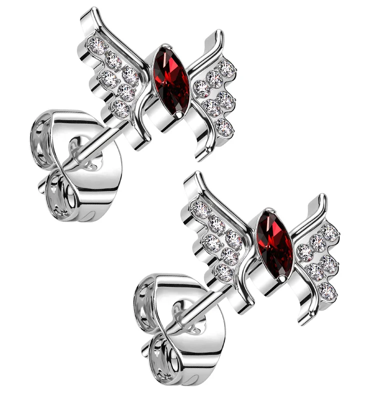 delicate pearl earrings for women -Wings Red CZ Titanium Threadless Stud Earrings