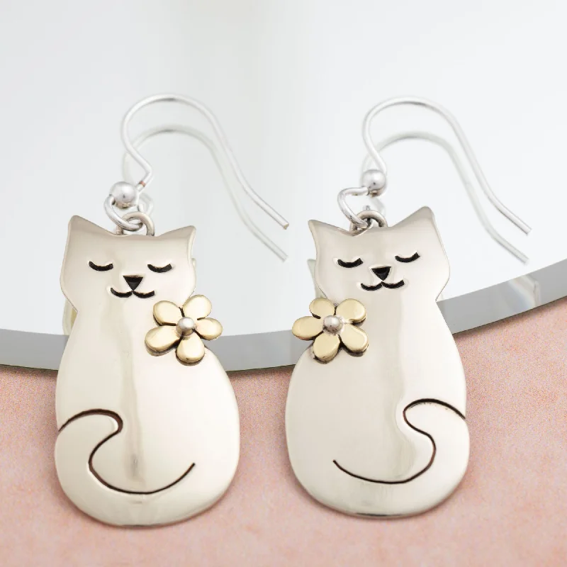 minimalist drop earrings for women -Cat & Flower Mixed Metal Earrings