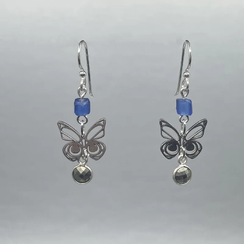 elegant drop earrings for evening wear -Asoyuf Mini Silver Butterfly Earrings with Trade Beads & Pyrite