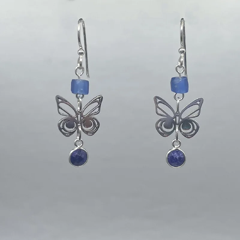 nature-inspired earrings for women -Asoyuf Mini Silver Butterfly Earrings with Trade Beads & Sapphire