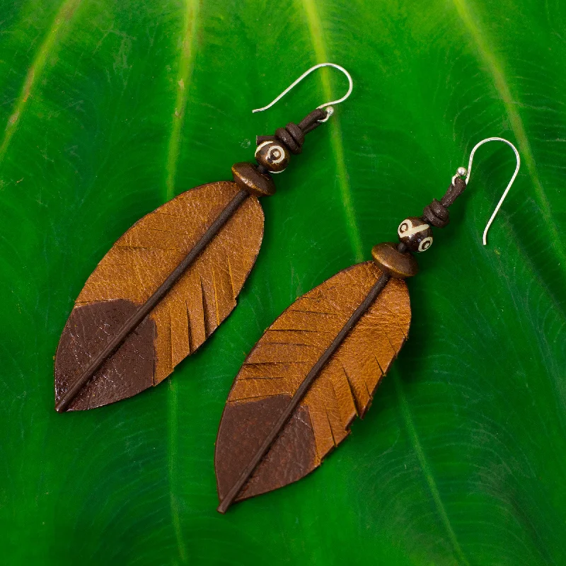 gold ear cuff earrings -Brown Feather Feather-Shaped Earrings Crafted from Leather, Bone and Wood