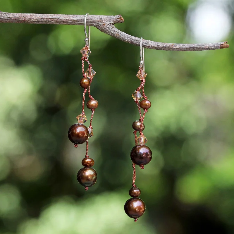 crystal hoop earrings for women -Brown Iridescence Pearl Waterfall Earrings from Thailand