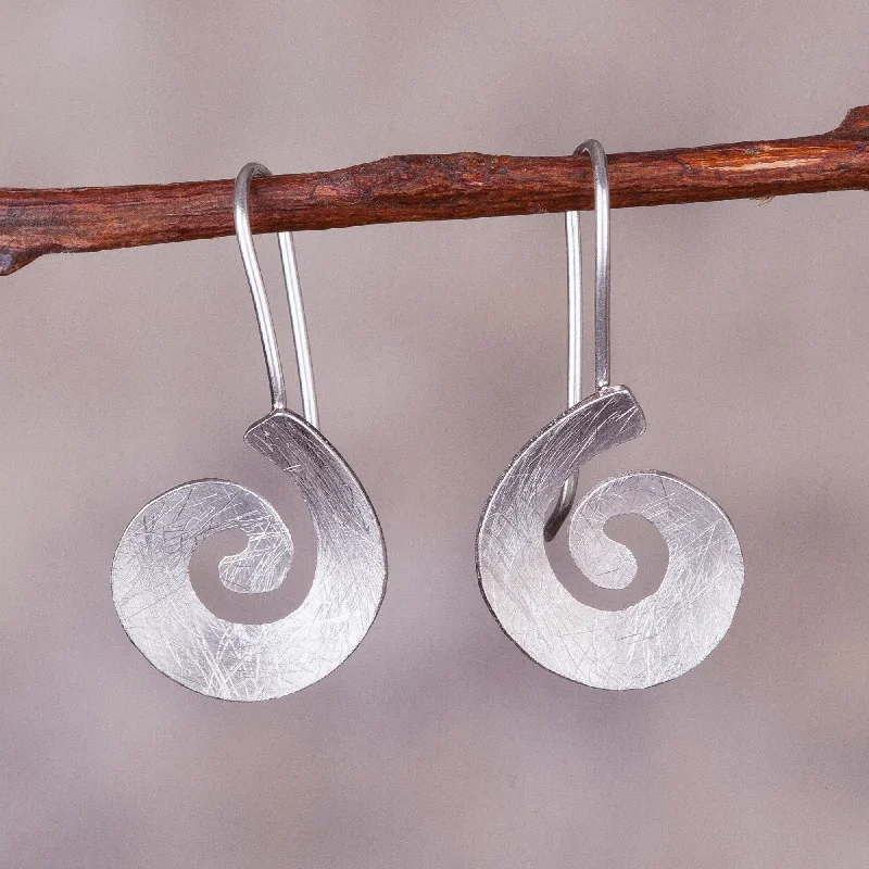 asymmetrical earrings for women -Brushed Spirals Spiral-Shaped Sterling Silver Drop Earrings from Peru