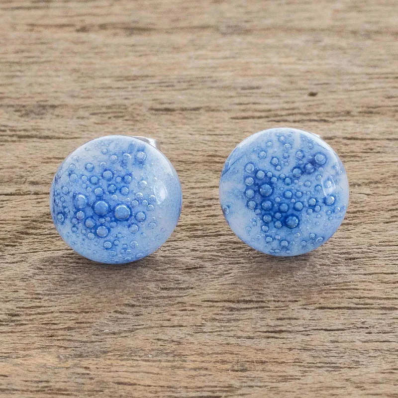 teardrop earrings for women -Bubble Clouds in Blue White Art Glass Stud Earrings with Blue Bubbles