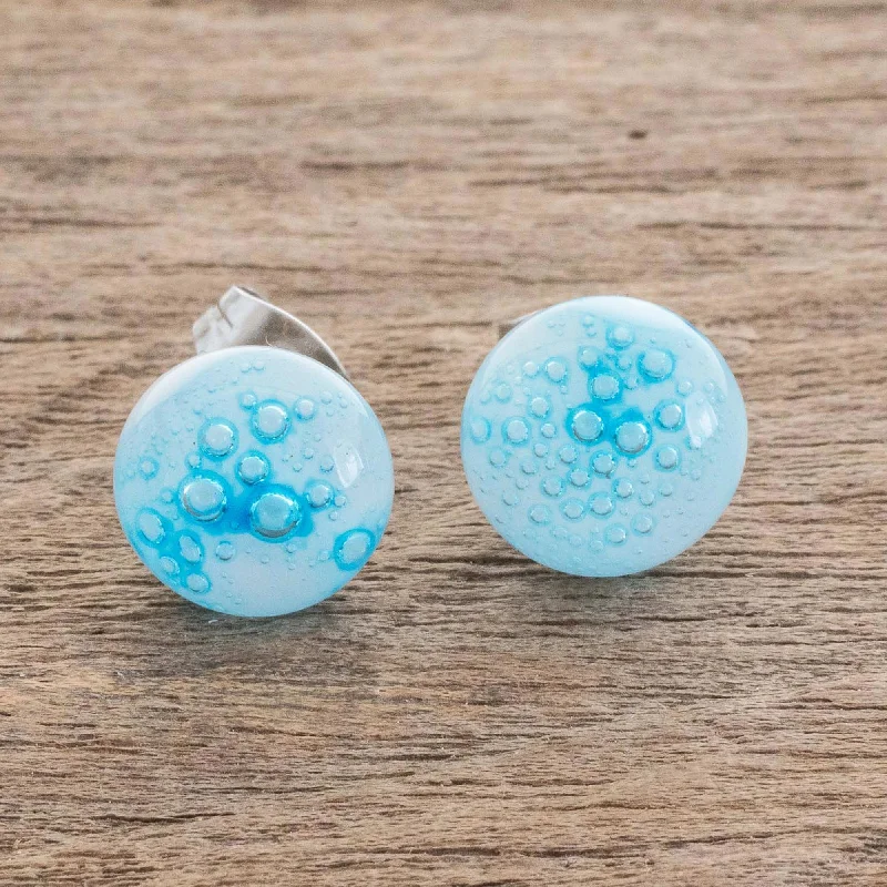 zodiac sign earrings for women -Bubble Clouds in Light Blue White Art Glass Stud Earrings with Light Blue Bubbles