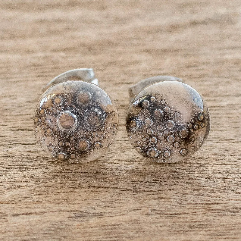 trendy ear cuff earrings for women -Bubble Texture in Grey Art Glass Stud Earrings in Grey from Costa Rica