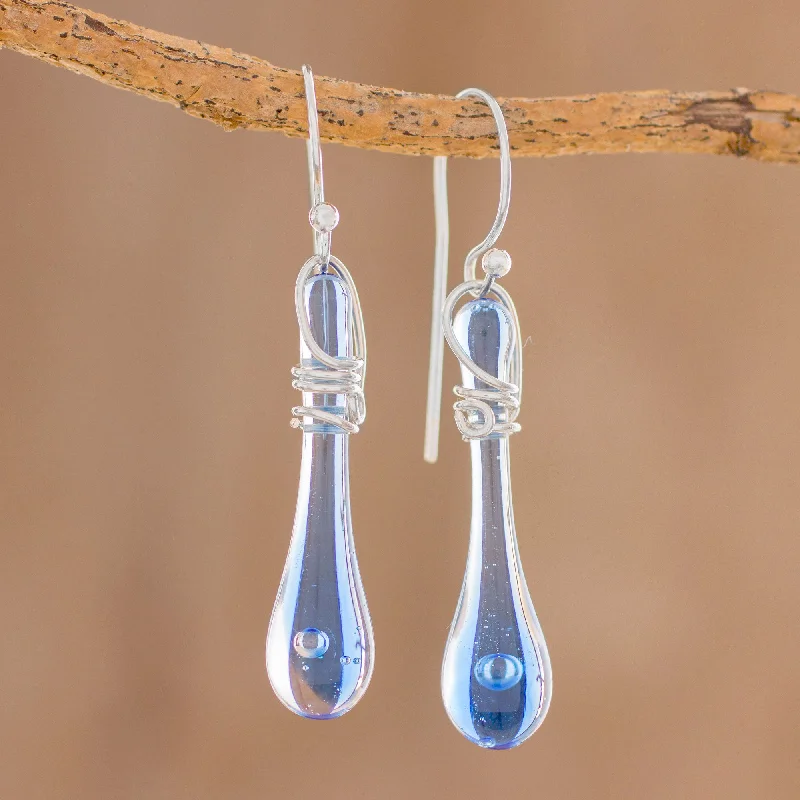 elegant drop earrings for evening wear -Bubbling Spring Glass Dangle Earrings in Blue from Costa Rica (1.8 inch)