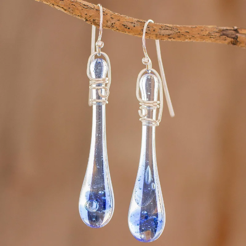 boho feather earrings for women -Bubbling Spring Glass Dangle Earrings in Blue from Costa Rica (2 inch)