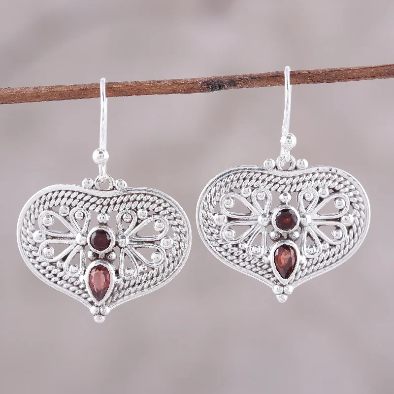 luxury pearl drop earrings for women -Bubbling with Love Garnet and Sterling Silver Heart Shaped Dangle Earrings