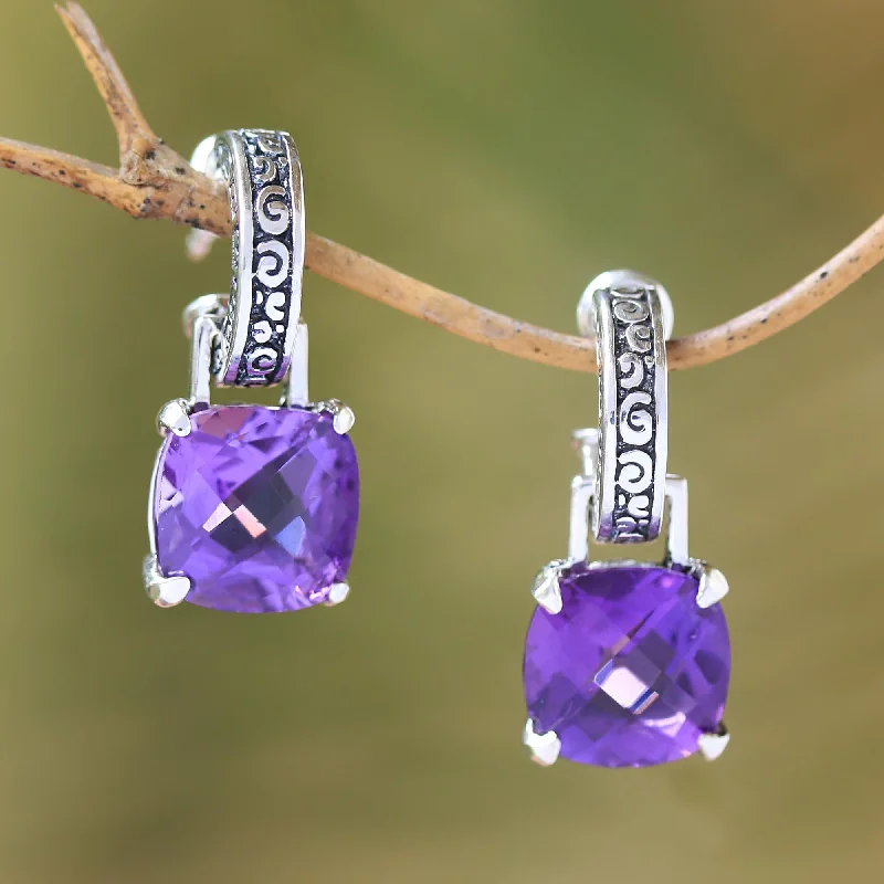 diamond crawler earrings for women -Buddha Hoops Amethyst Dangle Earrings