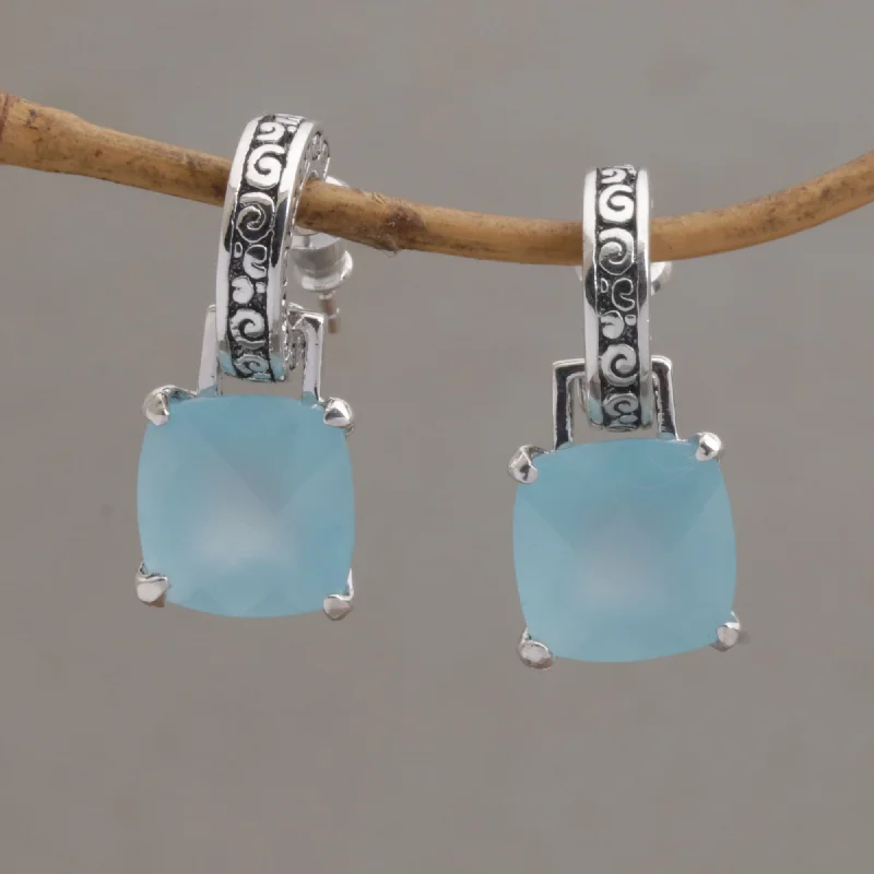 custom name hoop earrings for women -Buddha Hoops Blue Chalcedony and 925 Silver Dangle Earrings from Bali