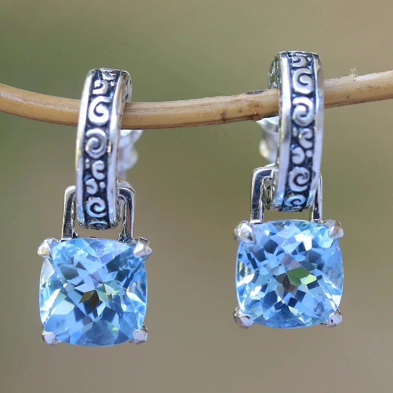 bold chandelier earrings for women -Buddha Hoops Blue Topaz & Silver Dangle Earrings