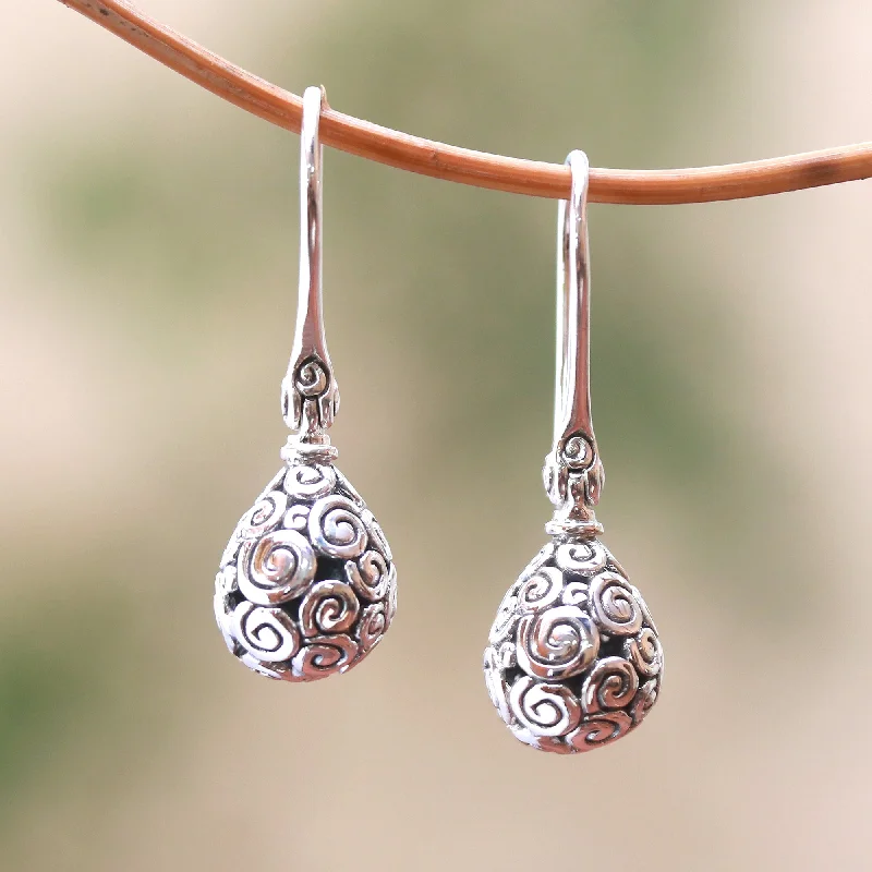 birthstone earrings for moms -Buddha's Dew Curl Pattern Drop-Shaped Sterling Silver Earrings from Bali