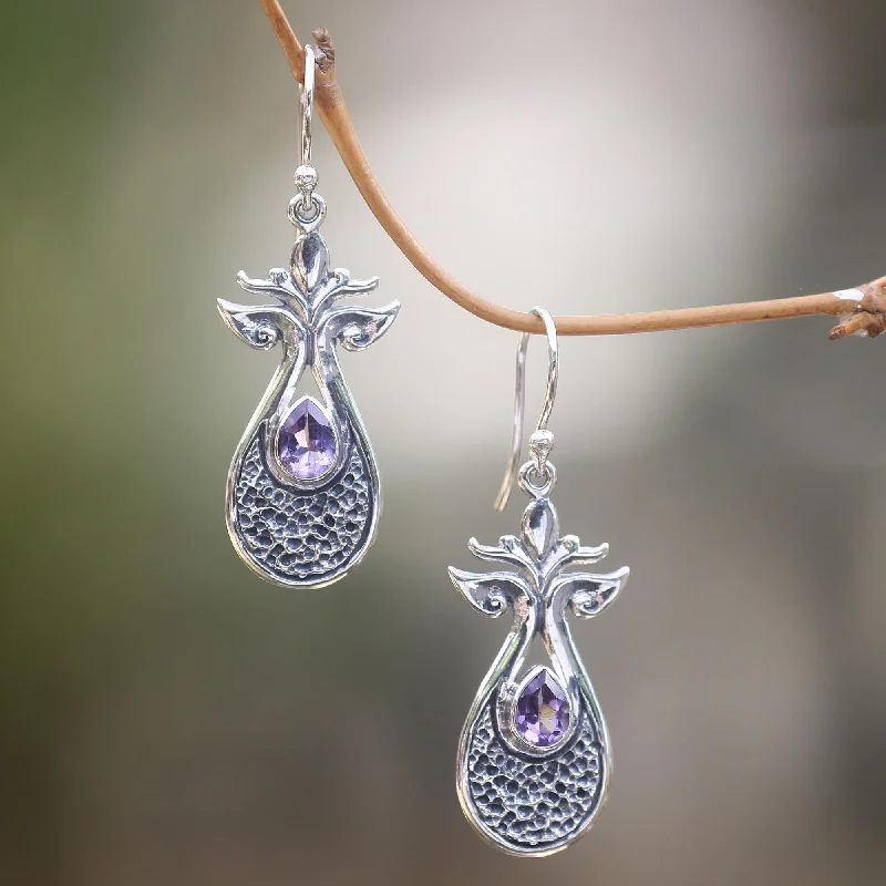 butterfly earrings for girls -Budding Flower Handmade Amethyst and Sterling Silver Dangle Earrings