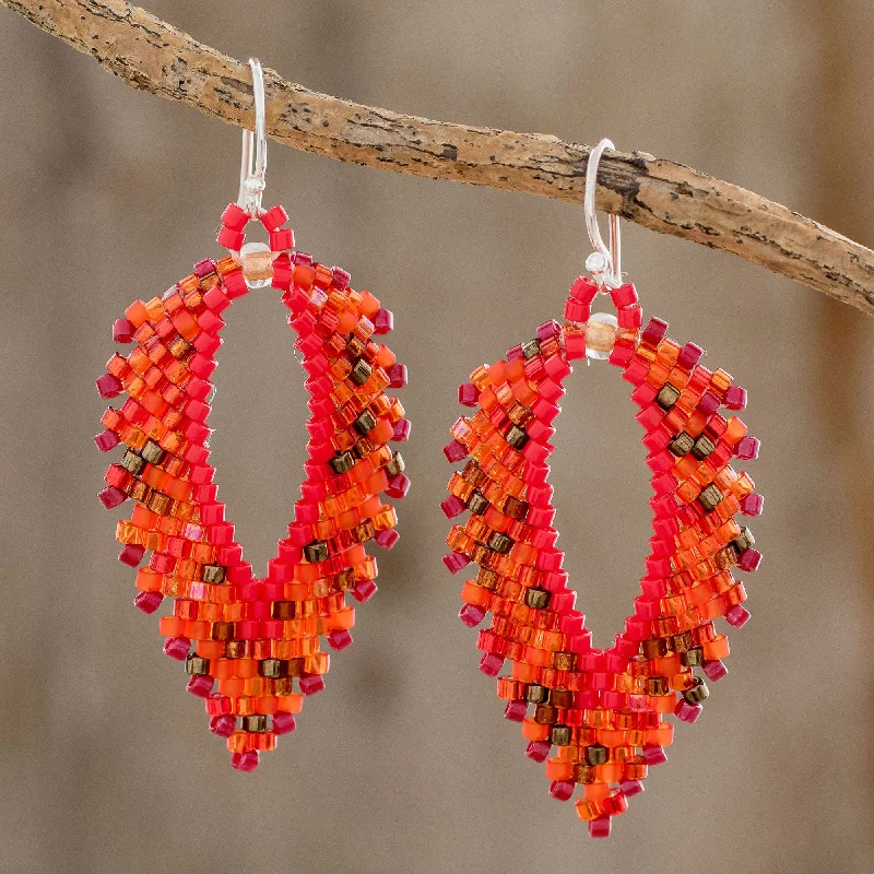 initial earrings for women -Burning Leaves Glass Beaded Dangle Earrings in Orange from El Salvador