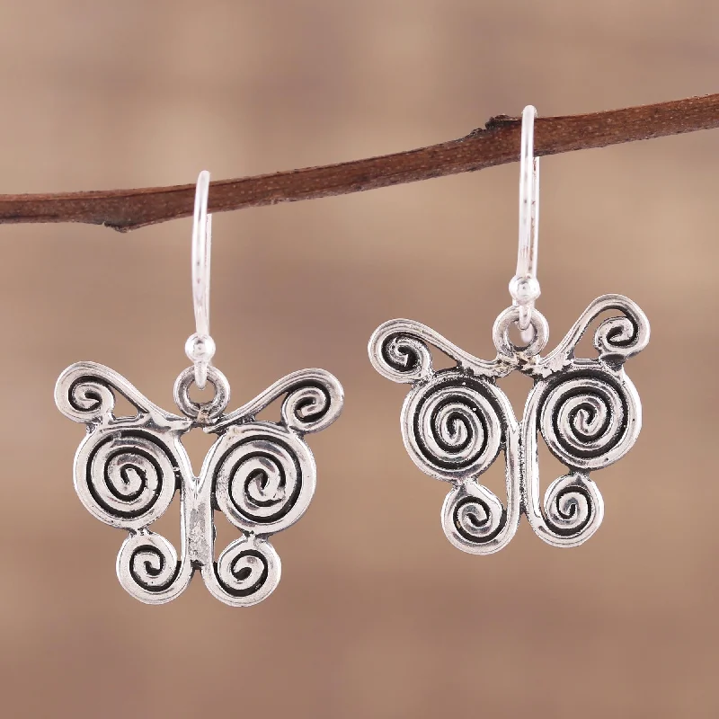 minimalist dangle earrings for women -Butterfly Spiral Butterfly Themed Sterling Silver Dangle Earrings