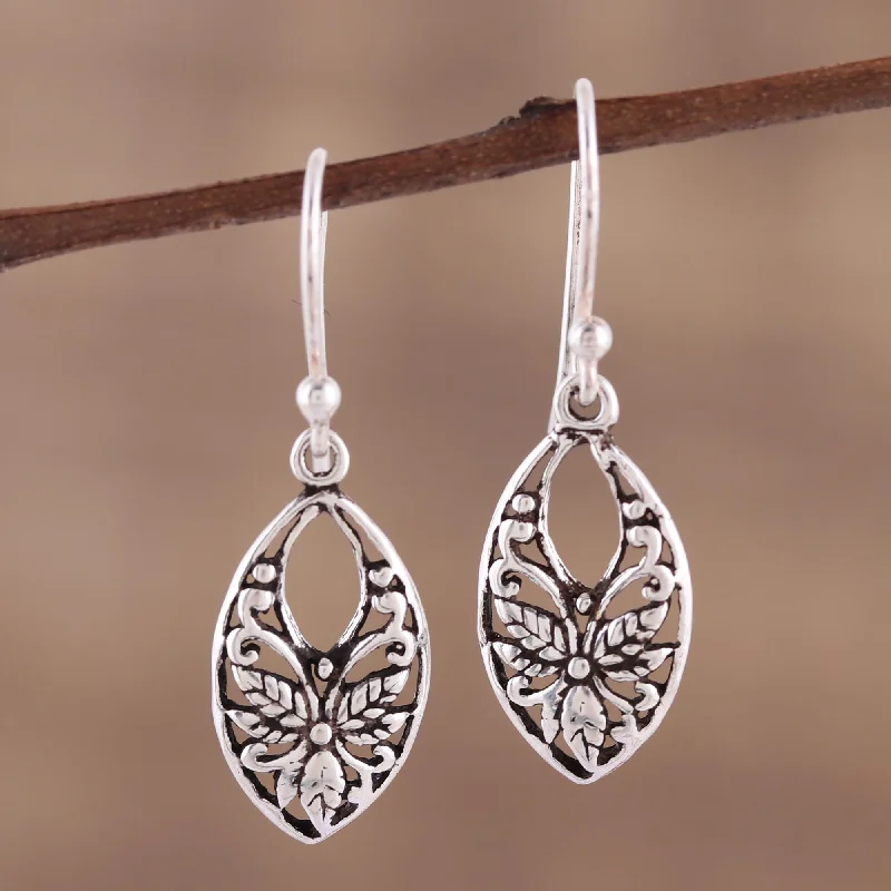 boho feather earrings for women -Bygone Flowers Leaf and Flower Themed Sterling Silver Dangle Earrings