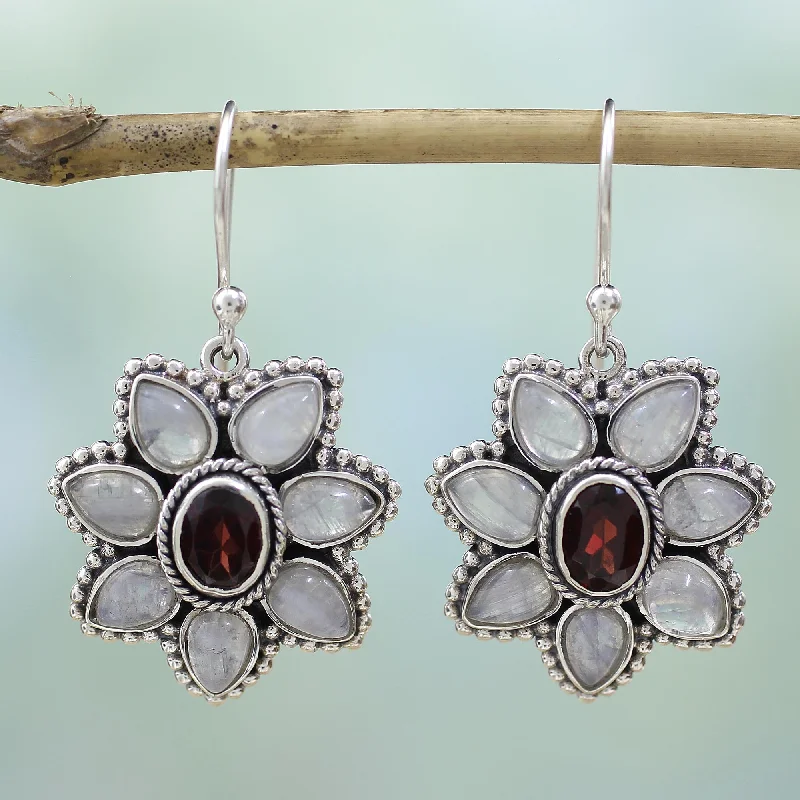 custom engraved earrings for couples -Camellia Blossoms Rainbow Moonstone Garnet Dangle Earrings from India