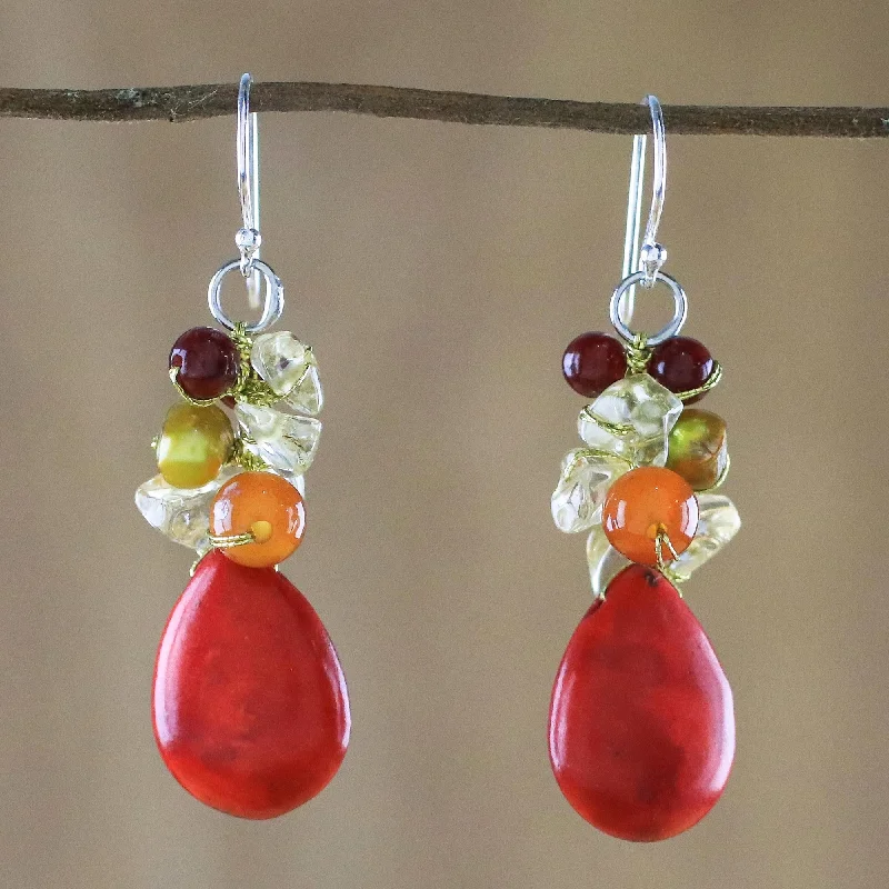 butterfly earrings for girls -Camellia Drops Multi-Gemstone Red Calcite Dangle Earrings from Thailand