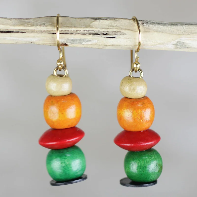 flower stud earrings for girls -Candy Columns Orange Red and Green Sese Wood Candy Columns Dangle Earrings