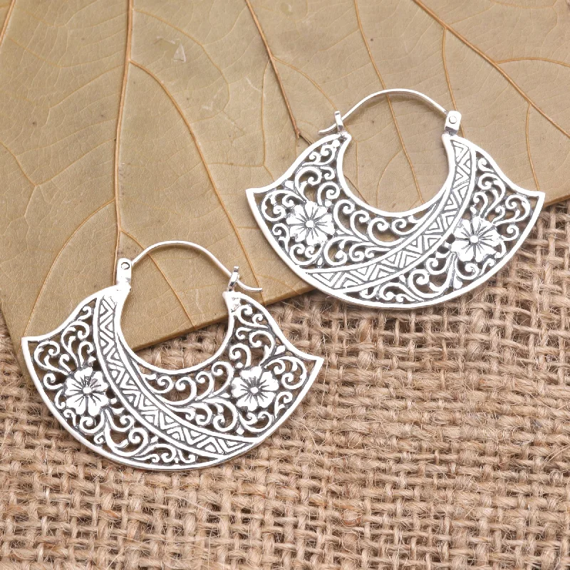 luxury diamond earrings for women -Cape of Flowers Sterling Silver Floral Hoop Earrings from Bali