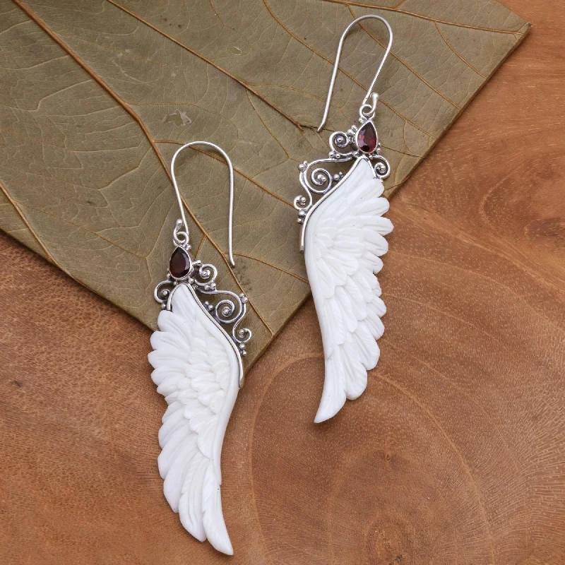 men’s stud earrings -Caressed Wings Garnet and Bone Wing Dangle Earrings from Bali