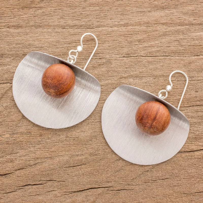 rose gold hoop earrings for women -Caressing Moons Wood and Aluminum Modern Dangle Earrings from Guatemala