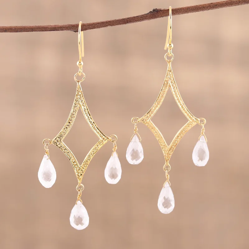 moon and star earrings for women -Cascading Drops Crystal Quartz 22k Gold Plated Sterling Silver Earrings