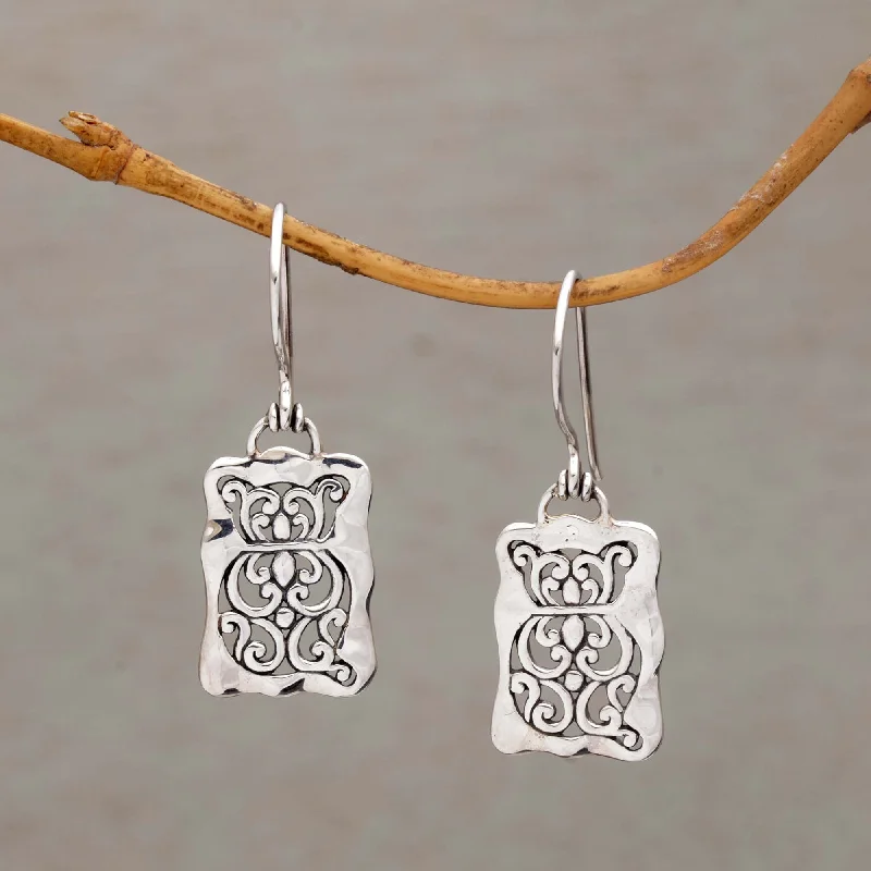 vintage-inspired earrings for women -Cat Swirls Cat Motif Sterling Silver Dangle Earrings from Bali