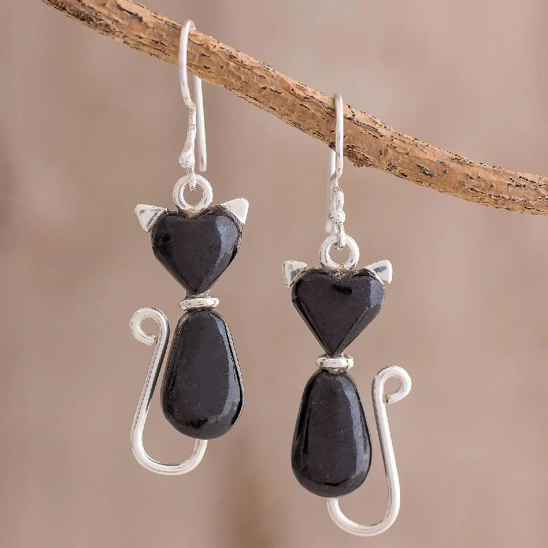 bohemian tassel earrings for women -Cats of Love in Black Jade Cat Dangle Earrings in Black from Guatemala