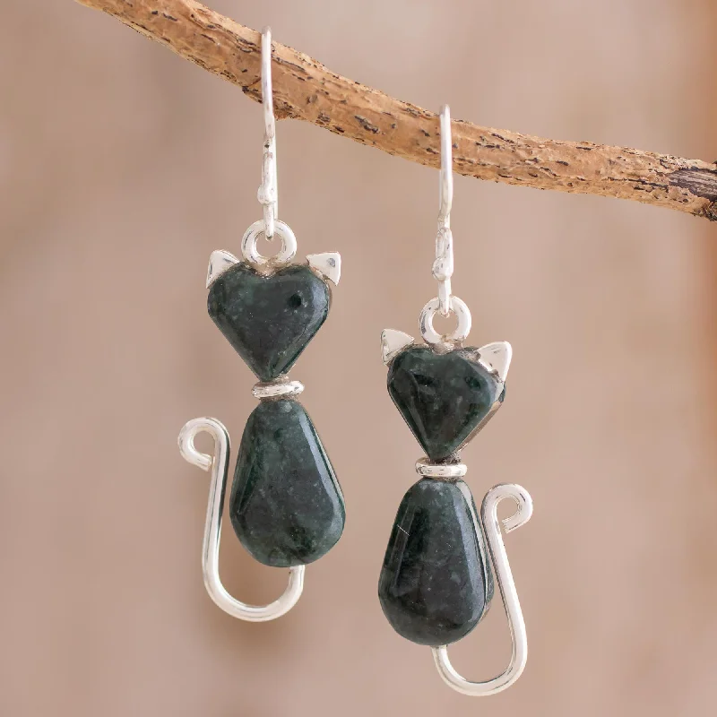 celestial drop earrings for women -Cats of Love in Dark Green Jade Cat Dangle Earrings in Dark Green from Guatemala