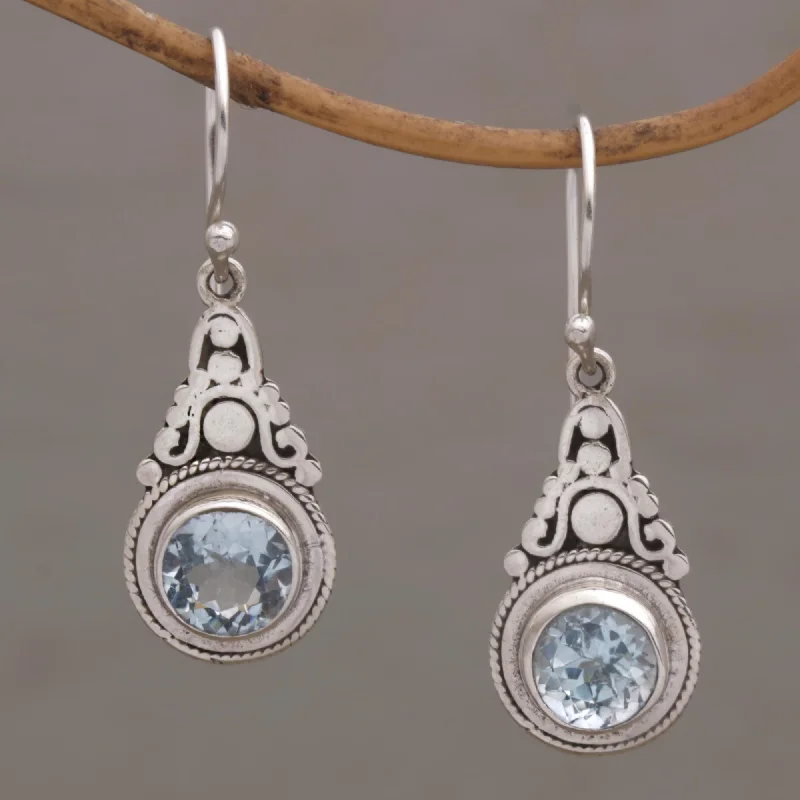 turquoise earrings for women -Celestial Crowns Fair Trade Blue Topaz and Silver Earrings from Bali