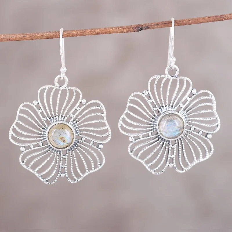 bold statement earrings for women -Celestial Flowers Sterling Silver Labradorite Celestial Floral Dangle Earrings