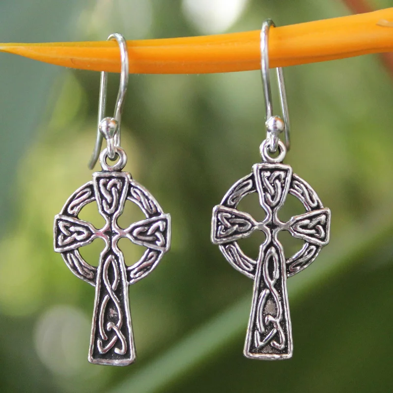 minimalist crawler earrings for women -Celtic Cross Silver Dangle Earrings