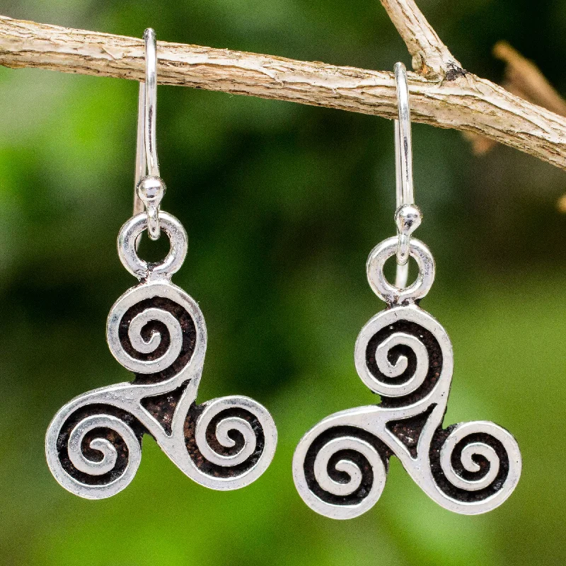 handmade gemstone earrings for women -Celtic Tri Spiral Silver Dangle Earrings