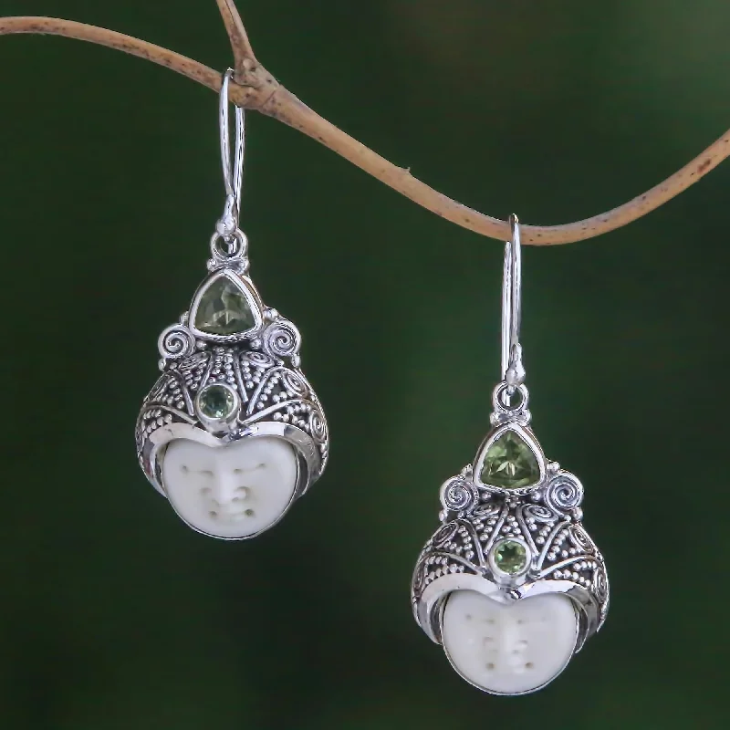 teardrop earrings for women -Celuk Pangeran Peridot and Carved Bone Dangle Earrings from Bali