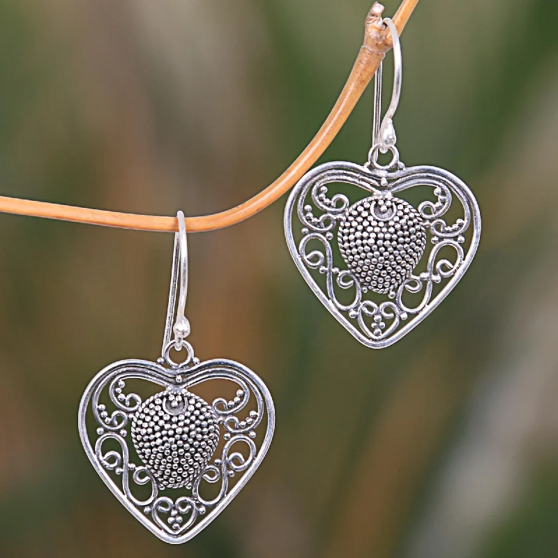 layered hoop earrings for women -Center of My Heart Artisan Crafted Balinese Sterling Silver Heart Earrings