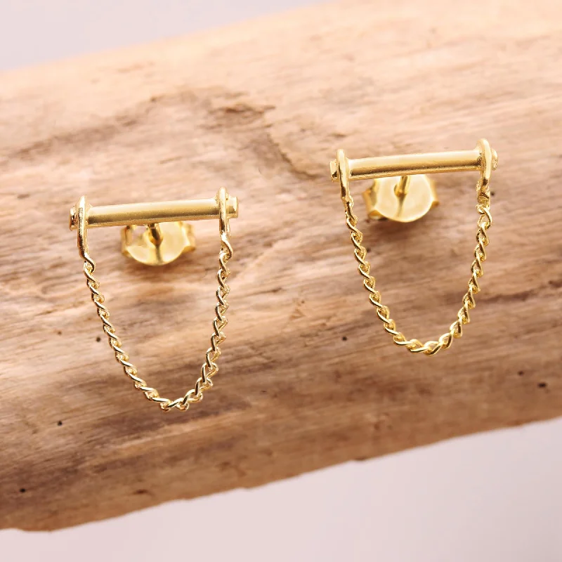 minimalist dangle earrings for women -Chain Letter Gold-Plated Sterling Silver Stud Earrings