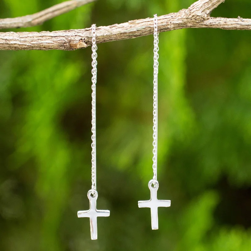 personalized letter earrings for women -Chain of Purity Hand Crafted Sterling Silver Cross Threader Earrings