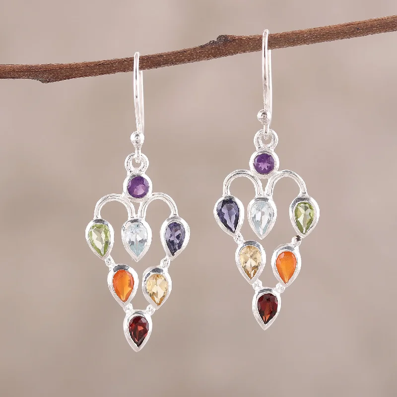 trendy ear cuff earrings for women -Chakra Sparkle 2.6-Carat Multi-Gemstone Chakra Dangle Earrings from India