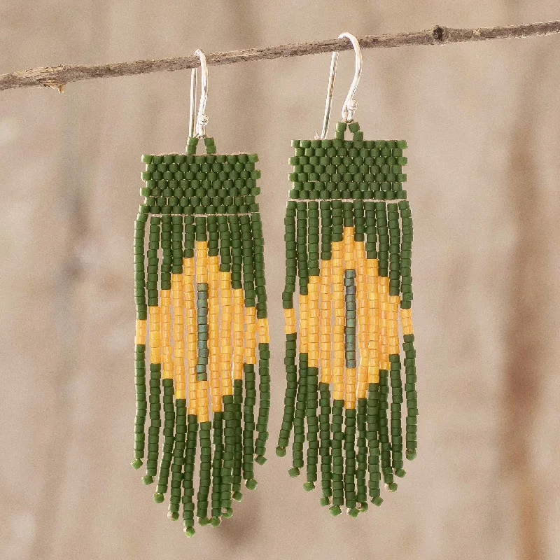 nature-inspired earrings for women -Chameleon Charm Green and Yellow Beaded Waterfall Earrings