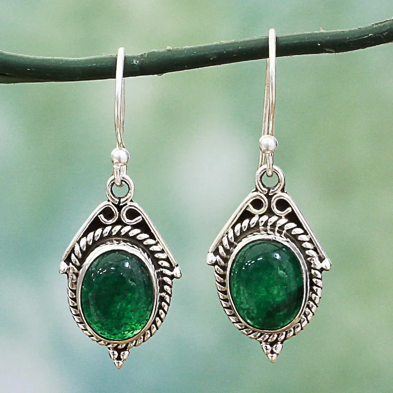 pearl earrings for brides -Charming Green Hand Made Sterling Silver Green Onyx Dangle Earrings India