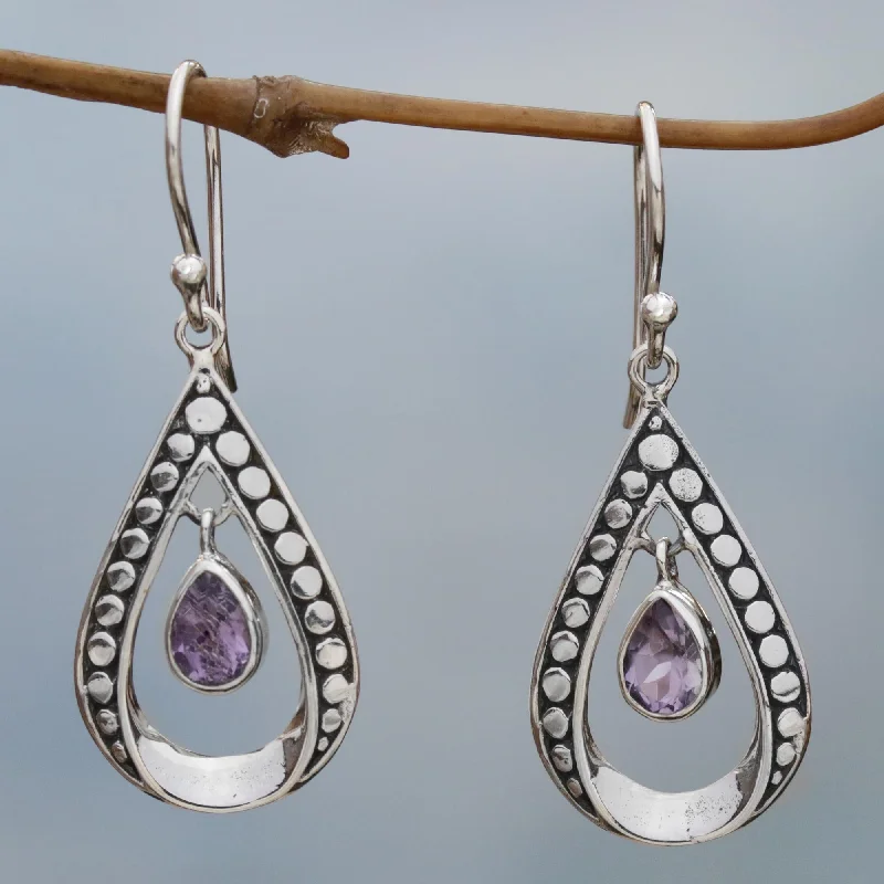 vintage clip-on earrings for women -Charming Tears in Purple Sterling Silver and Amethyst Dangle Earrings from Indonesia